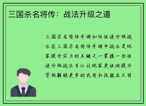 三国杀名将传：战法升级之道